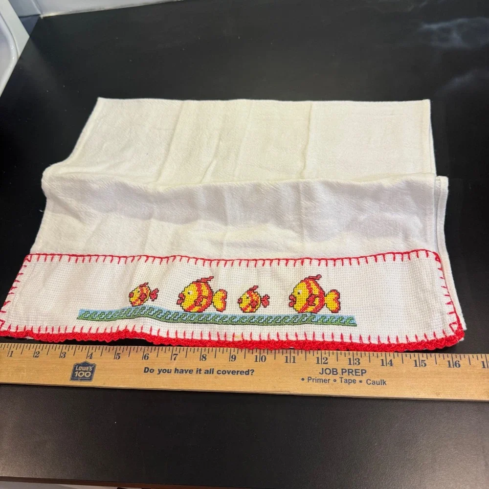 Handmade Tea Towel Home 16x25 White Cross Stitch Fish Scalloped Edge